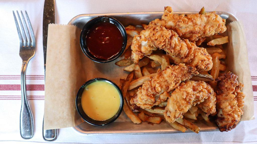 Chicken Tenders · 5 hand breaded chicken tenders. Served on a bed of fries. Comes with BBQ and honey mustard for dipping.