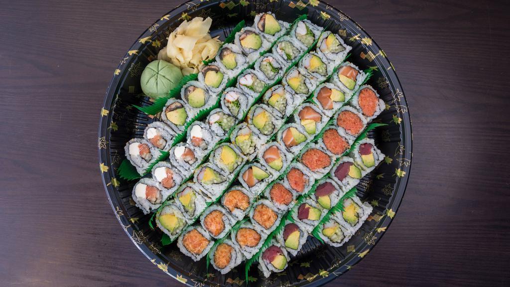 Party Tray · Twelve pieces of sashimi: salmon, tuna and surf clam. Fourteen pieces of sushi: salmon, tuna, yellowtail, shrimp, surf clam,crab and tamago. Thirteen pieces rolls: California roll, ​salmon roll, and spicy tuna hand roll.