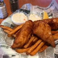 Fish & Chips · Three pieces of Alaskan cod dipped in matt's special batter. Served with coleslaw and a pile...