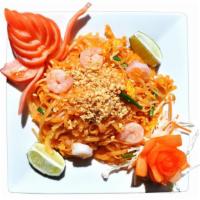 Pad Thai · Spicy. Hot & Spicy.
Stir-fried thai rice noodle, egg, scallion, bean sprouts, and carrot. Ga...