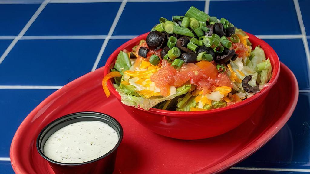 Garden Salad · Garden salad with chopped romaine, tomatoes, cheese, black olives, and scallions, with your choice of dressing.