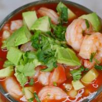 Coctel De Camarones · Well-chilled shrimp, with tomatoes, onions, cilantro, jalapenos and avocado tossed in a flav...