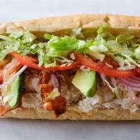 Red Star Club · Oven roasted chicken, bacon, avocado spread, mayo, lettuce, tomatoes, and red onions.
