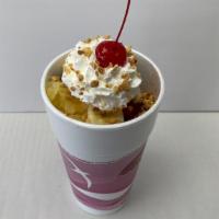 Upside Down Banana Split Special · This dessert is made in a 24 oz foam cup.
Vanilla soft serve, strawberries, pineapple, choco...