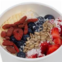 Courageous · Toppings: granola, sunflower seeds, strawberries, blueberries, shredded coconut, goji berrie...