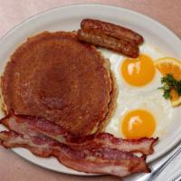 Our Famous Jackpot · Two country fresh eggs, 2 sausage links, 2 strips of bacon and 2 pancakes.