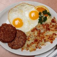 Two Eggs · Two country fresh eggs served with American fried potatoes, toast & jelly.