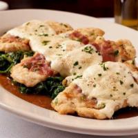Chicken Saltimbocca · Chicken cooked in a white wine sauce with sage, prosciutto, and melted mozzarella cheese.