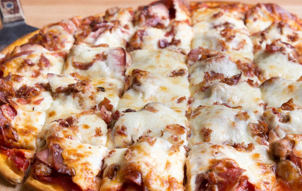 Large Meat Lovers Pizza · Sausage, pepperoni, salami, Canadian bacon, bacon pieces.