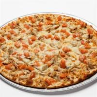Chicken Alfredo · Chicken, garlic, green pepper, onion and tomato. Baked on top of our creamy homemade alfredo...