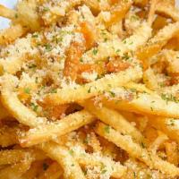 Garlic Parm Fries · Our hand cut fries deep fried and tossed in a blend of fresh crushed garlic and Parmesan.