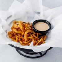 Curleys Ques · Crispy onion straws served with barbecue ranch.
