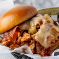 Jack Chicken · Smoked and pulled chicken, melted pepper jack and hardwood smoked bacon on a toasted bun. In...