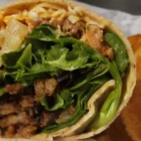 Beef & Cheddar Wrap · Sliced beef brisket, cheddar cheese, curley ques, greens and barbecue cheddar dressing.