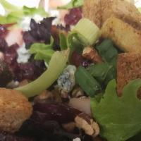 Turkey Berry Bleu Salad · Our tender smoked turkey atop a mound of romaine/iceberg mix sprinkled with dried cranberrie...