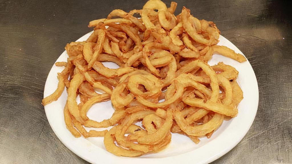 Curley Ques · Sweet onion strings coated in a light crispy breading.