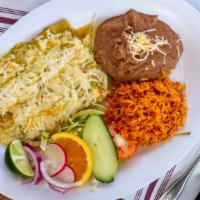 Enchiladas · Rolled tortillas stuffed with your choice of cheese or meat topped with red or green sauce.