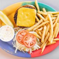 Super Cheese Burger · 1/2 lb. Black angus. Includes lettuce, tomato, onions, fries, and coleslaw.