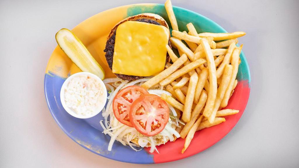 Super Cheese Burger · 1/2 lb. Black angus. Includes lettuce, tomato, onions, fries, and coleslaw.