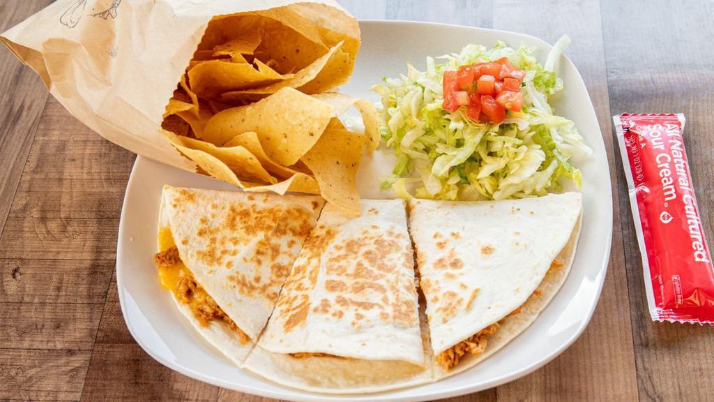 Quesadilla · Melted  cheese in a whole wheat tortilla. Sauteed peppers and onions available upon request. Lettuce, tomatoes, and sour cream (on the side).