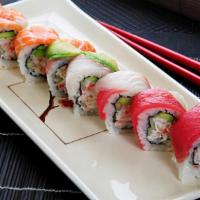 Rainbow Roll · Cucumber, avocado, crab meat, and topped with tuna, salmon, yellowtail, and white fish.