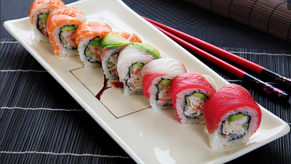 Rainbow Roll · Cucumber, avocado, crab meat, and topped with tuna, salmon, yellowtail, and white fish.