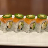 Alaska Roll · Spicy. Cream cheese, avocado, tempura shrimp, and topped with salmon, jalapeño, and chef's s...