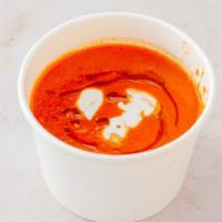 Tomato Basil Soup (V) (Gf) · Long stewed house made soup, topped with basil oil, Grana Padano