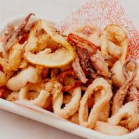 Calabrian Calamari · Lightly coated and fried calamari, fresno peppers, preserved lemon