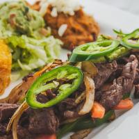 Asada La Mexicana · Charbroiled steak topped with onions, tomatoes, and jalapeño peppers. served with rice, bean...