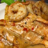 *Chicken And Shrimp Au Poivre  · Served with pepper com sauce and rice.
