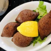 Fried Kibbee (4) · Sautéed ground meat and onions, stuffed in kibbee balls and fried in vegetable oil.