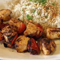 Shish Tawook · Marinated and charbroiled chicken breast cubes.