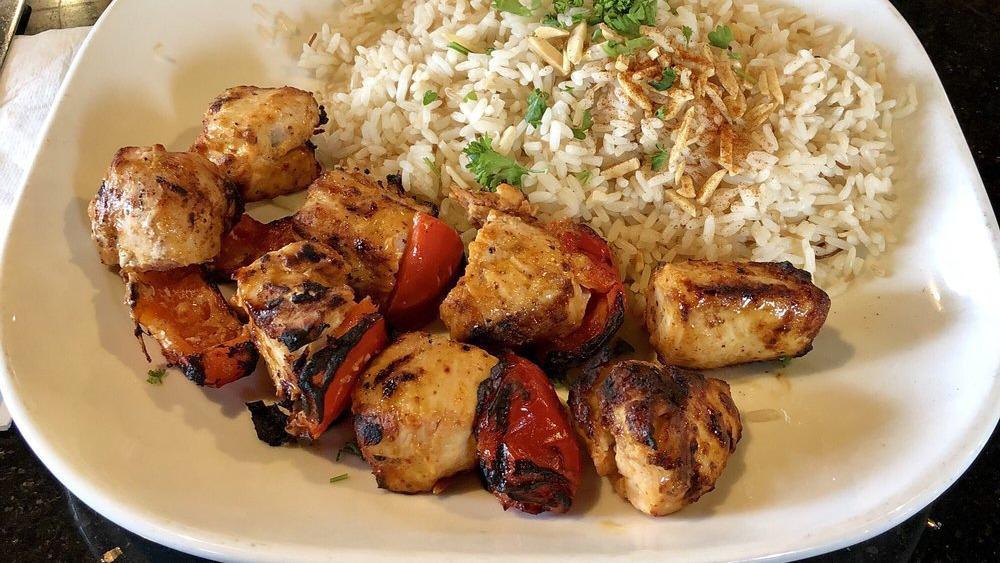 Shish Tawook · Marinated and charbroiled chicken breast cubes.