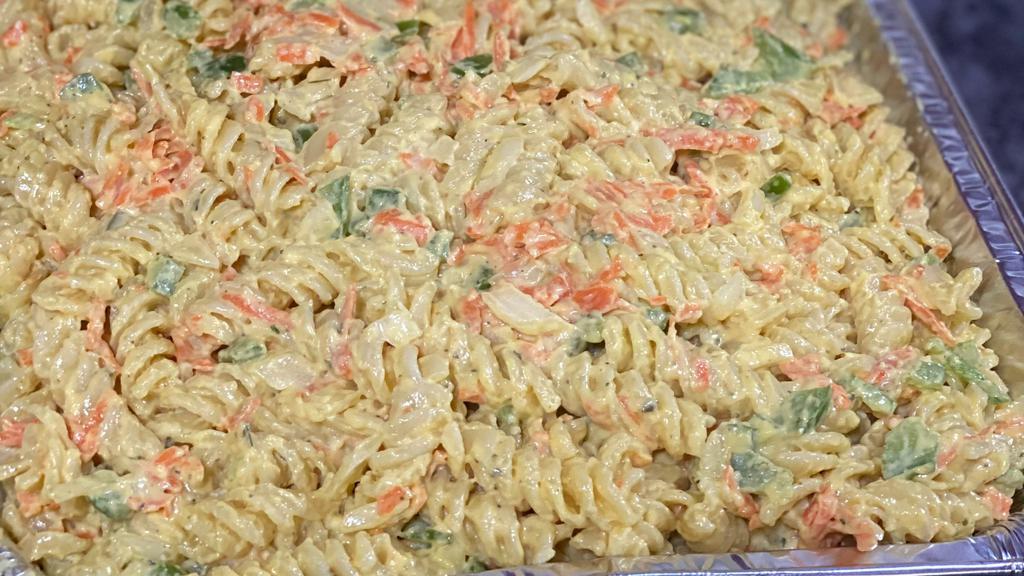 Pasta Salad · Rotini pasta cooked then mixed with mayo bell peppers shredded carrots onions with seasonings. served cold