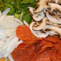 Medium Thin V.I.P. · Pepperoni, Onions, Mushrooms and Green Peppers