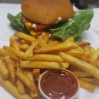 1/2 Lb. Hamburger · Fire-grilled half lb. beef patties, onion's, tomatoes, lettuce, ketchup, mustard, mayo and p...