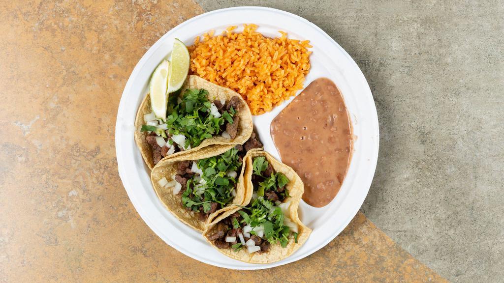 Tacos Diner (3) · Choice of: Chicken, Steak, Barbacoa, Chorizo, Ground Beef. Carnitas or Al Pastor. served w/ rice & beans.