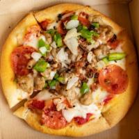 The Works Pizza · Topped with pepperoni, sausage, bacon, mushroom, onion, and green pepper.