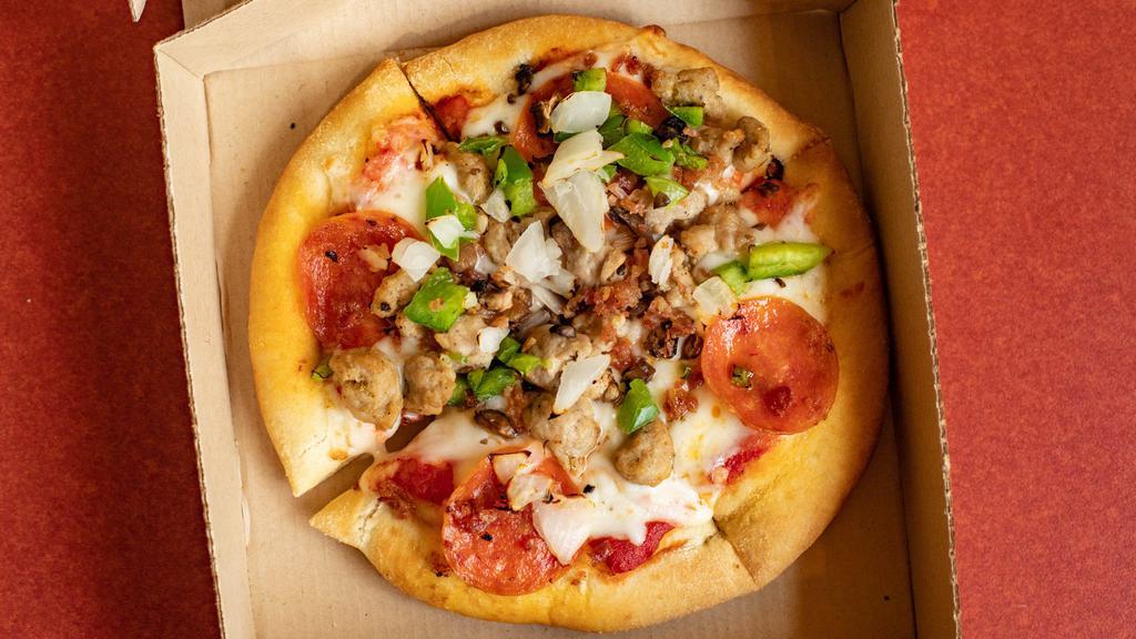 The Works Pizza · Topped with pepperoni, sausage, bacon, mushroom, onion, and green pepper.