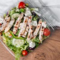 Mediterranean Salad With Chicken · Served with grilled chicken, lettuce, tomato, cucumbers, Kalamata olives, Feta cheese, and I...