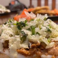 Sopes · Thick handmade corn tortilla with your favorite meat, beans. Mozzarella cheese, fresh Mexica...
