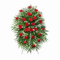 Red Roses Standing Spray · Standard. Classic, fresh-cut red roses with accents of eucalyptus and other fresh foliage ar...