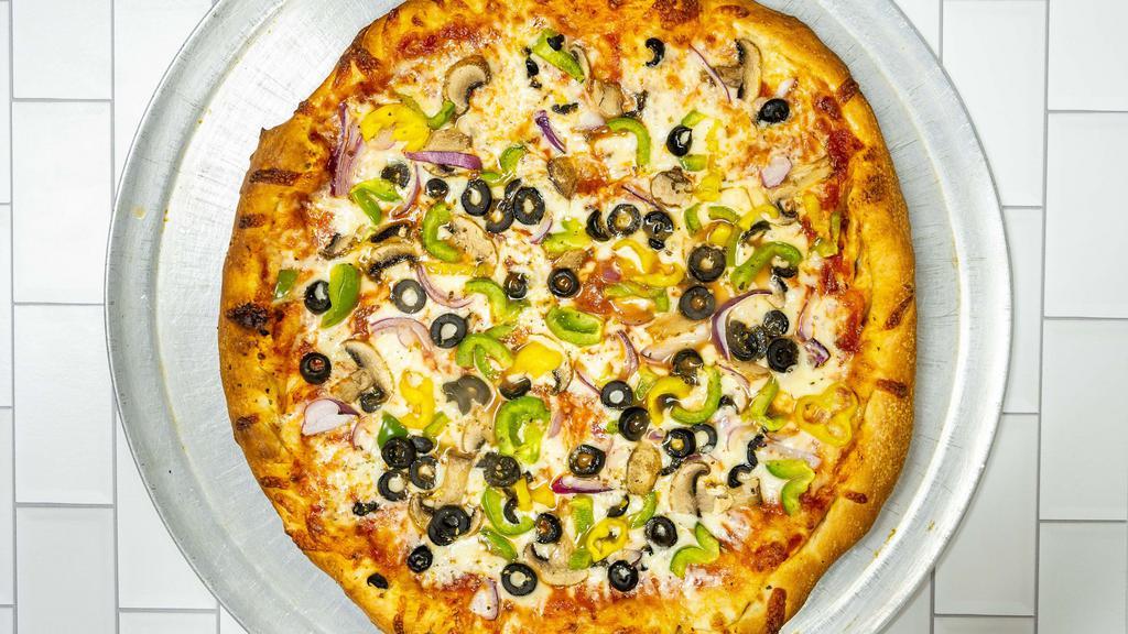 Veggie Pizza · Mushrooms, onions, green peppers and black olives.