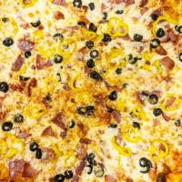Antipasto Pizza · Ham, salami, banana peppers and black olives.