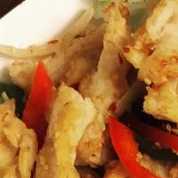 Spicy Squid (Gf) · Spicy. Lightly breaded squid stir fried with onion, bell peppers, and garlic on top of bed o...
