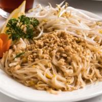 Pad Thai (Gf) · Thin rice noodles stir fried with bean sprouts, green onion, and egg. Topped with crushed pe...