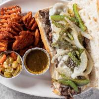 Italian Beef Sandwich · Traditional, thinly sliced Italian beef on a club roll, served with au jus and giardiniera o...