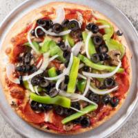 Best Of Both Pizza · Red sauce, mozzarella, mushrooms, onions, green peppers, black olives and sausage or peppero...