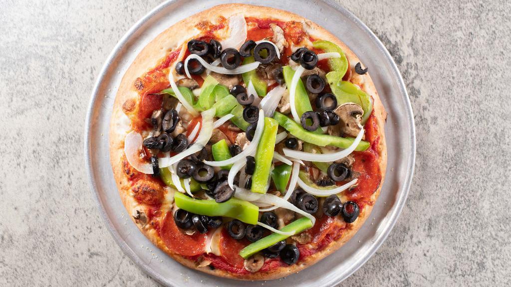 Best Of Both Pizza · Red sauce, mozzarella, mushrooms, onions, green peppers, black olives and sausage or pepperoni.